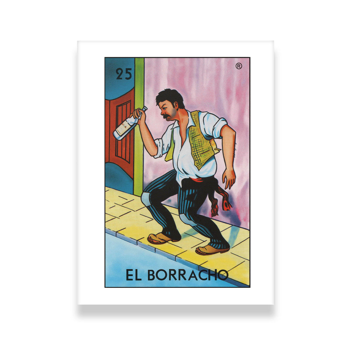 El Borracho Loteria card No. 25 canvas wall art print — colorful Mexican folk art illustration of a stumbling man with a bot