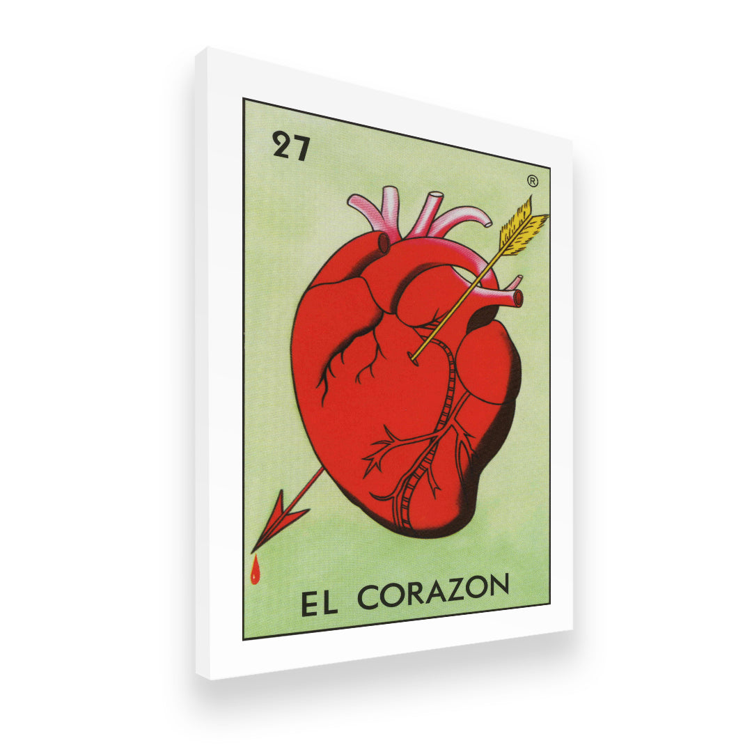 Side-angle view of El Corazon Loteria No. 27 gallery-wrapped canvas wall art with bold red and green Mexican folk design