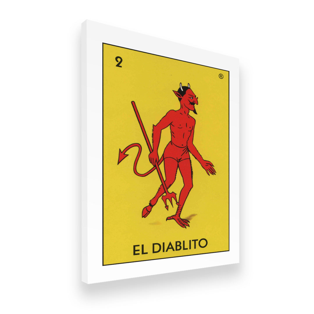 El Diablito Loteria card canvas wall art side angle view showing gallery-wrapped depth, Mexican folk art