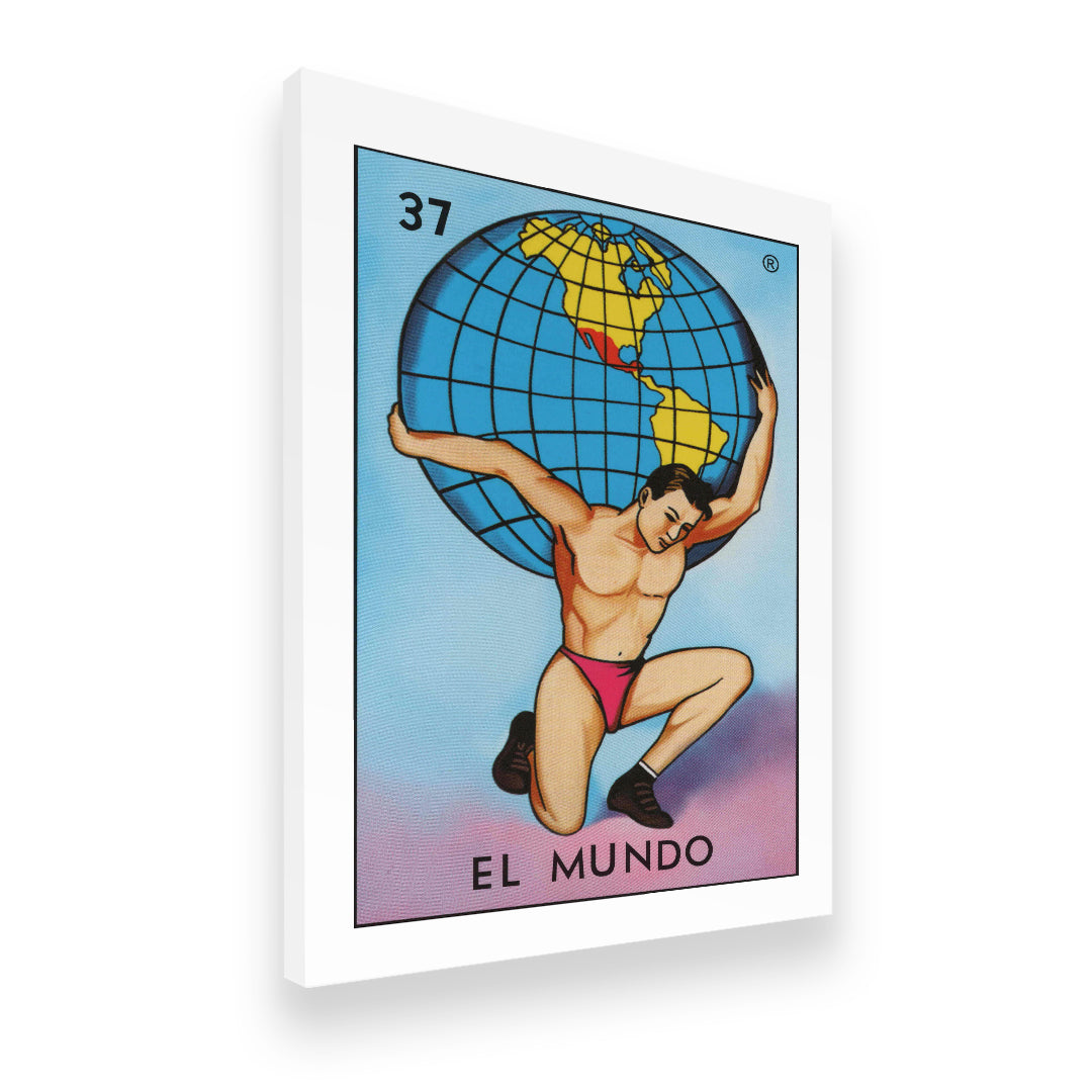 El Mundo Lotería No. 37 canvas print angled view — vibrant blue and pink folk art card design, ready to hang wall art