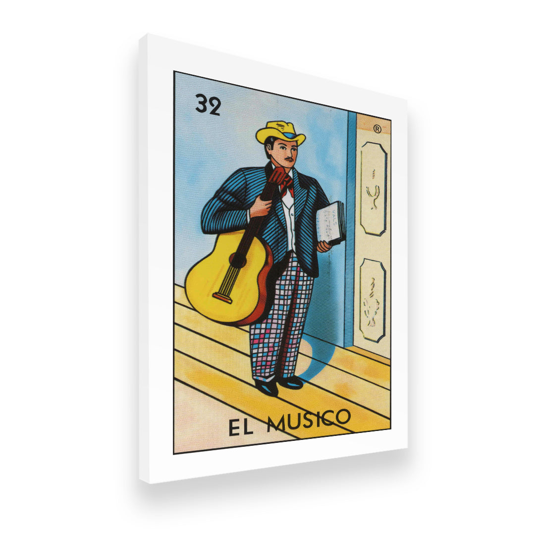 Gallery-wrapped El Musico Loteria No. 32 canvas wall art shown at angle, vibrant Mexican folk art with white border
