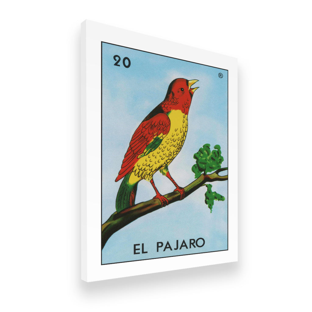 Side angle view of El Pajaro Loteria canvas wall art with vibrant red, yellow and green bird illustration on blue background
