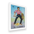 El Valiente Lotería card 12 gallery-wrapped canvas wall art, angled view showing premium wrap depth and vivid print quality