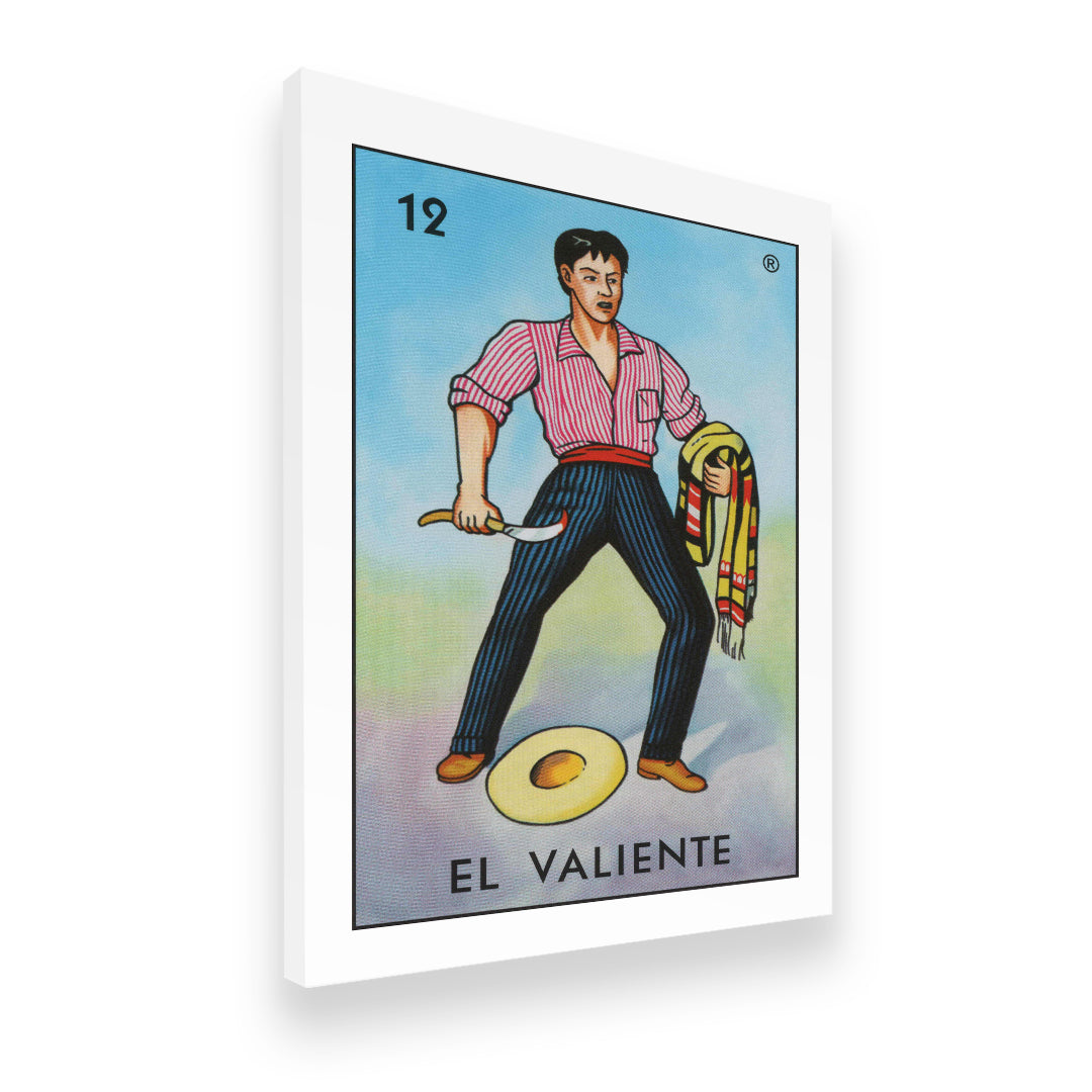 El Valiente Lotería card 12 gallery-wrapped canvas wall art, angled view showing premium wrap depth and vivid print quality