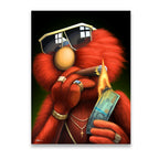 Pop art canvas print of a red furry monster in gold sunglasses, chains, and rings lighting a cigar with a burning $100 bill