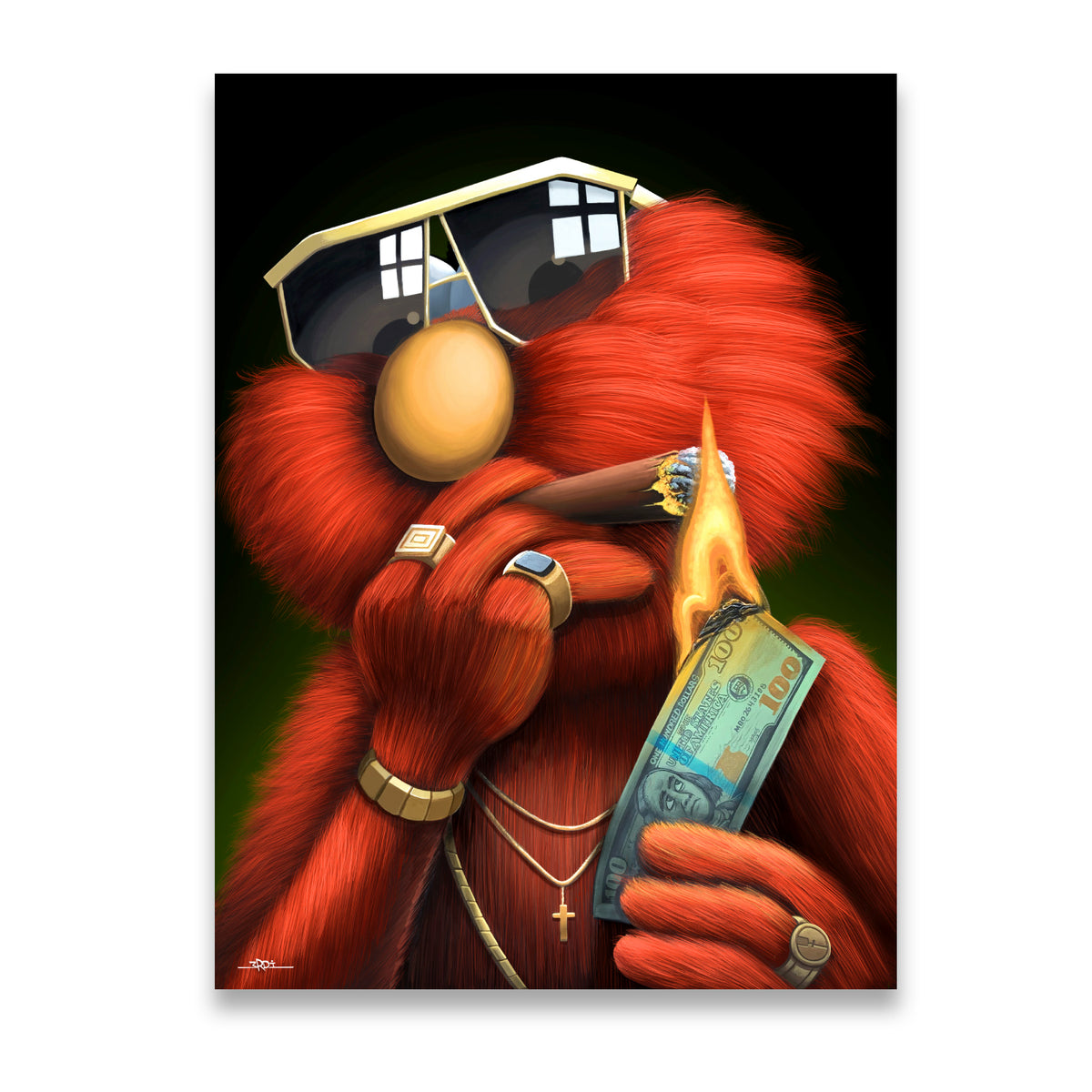 Pop art canvas print of a red furry monster in gold sunglasses, chains, and rings lighting a cigar with a burning $100 bill