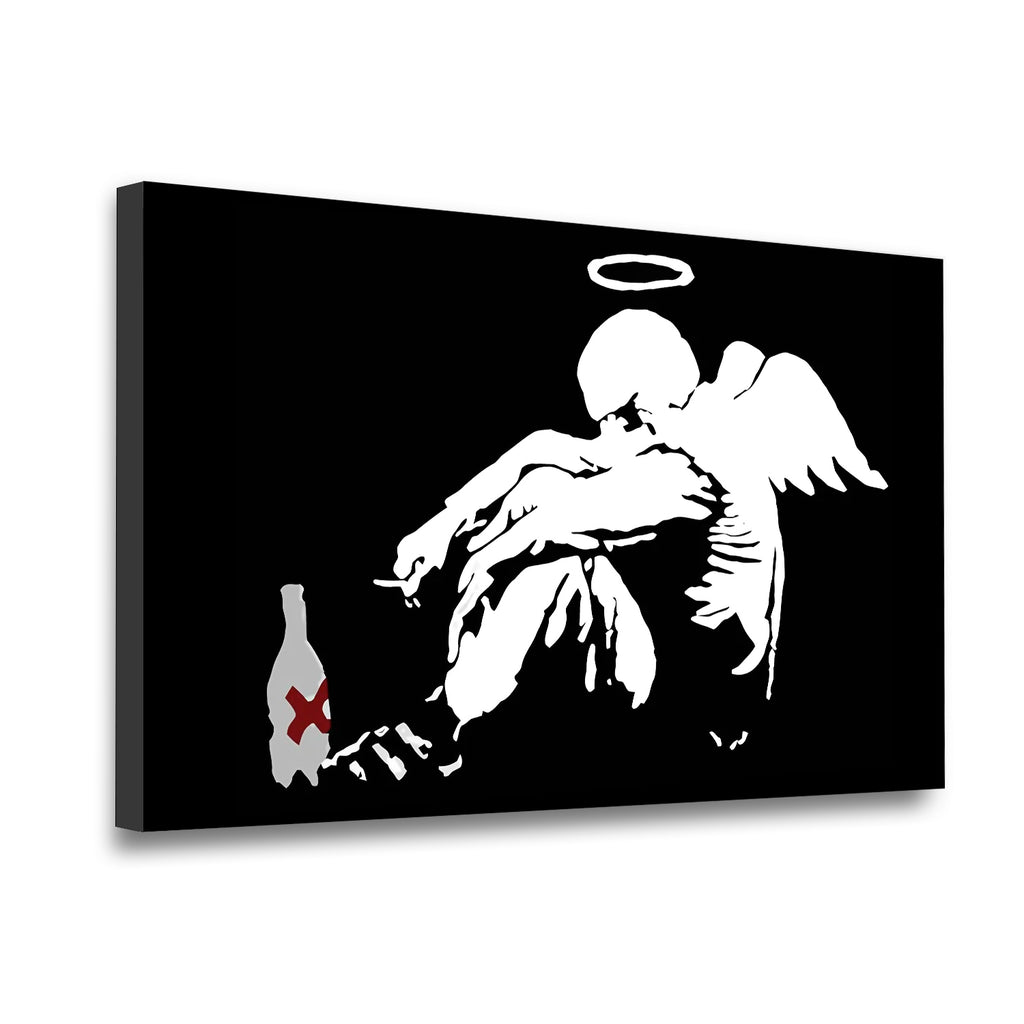 Gallery-wrapped Banksy fallen angel canvas wall art side view – bold black and white stencil with red bottle accent