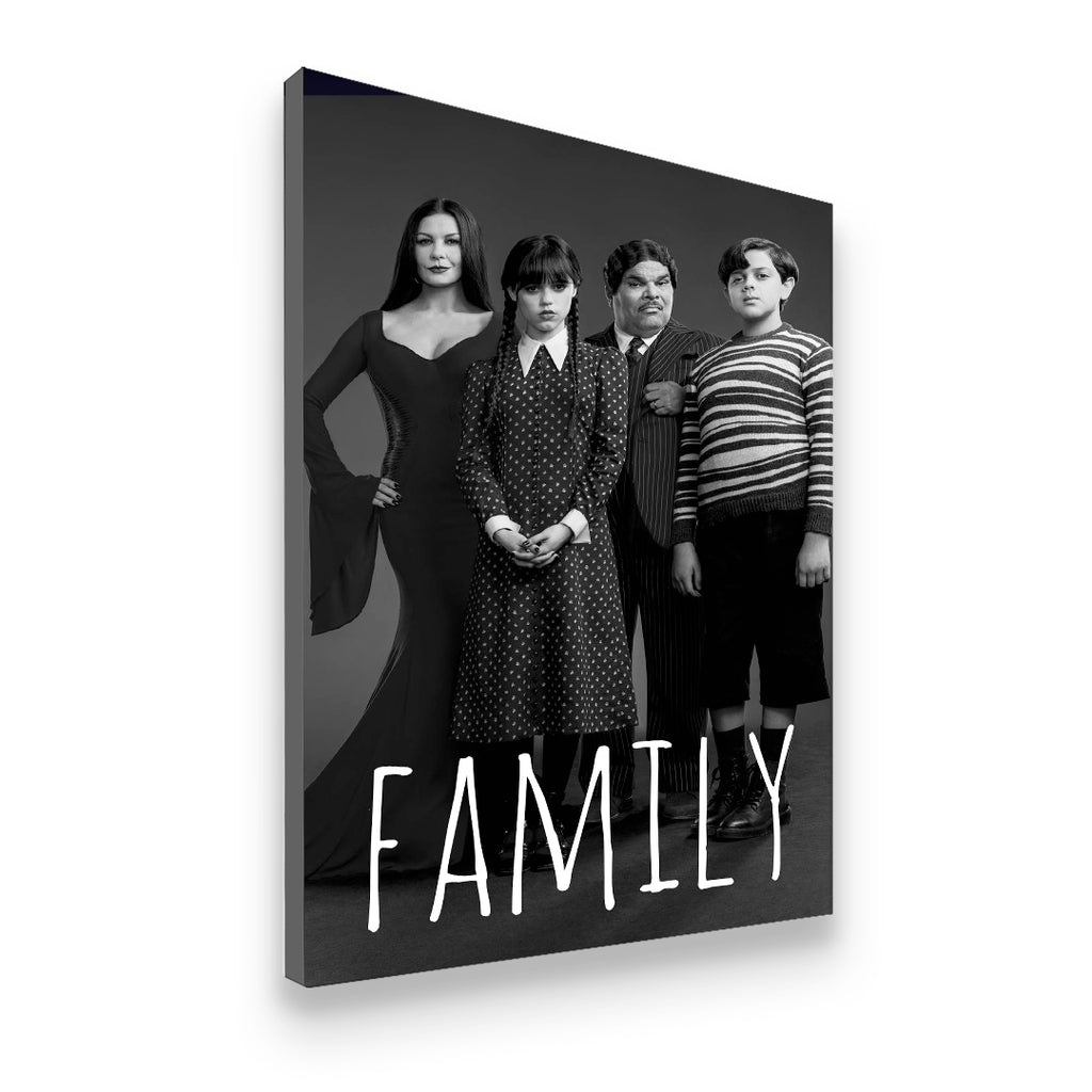 Gallery-wrapped Addams Family canvas wall art showing Wednesday and family in gothic black-and-white portrait style
