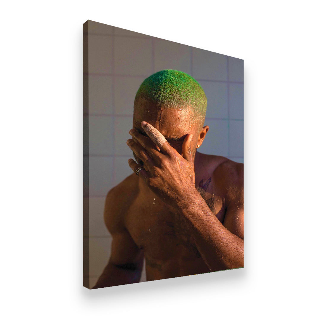 Gallery-wrapped Frank Ocean Blonde-era portrait canvas print — side profile view showing depth and archival print quality