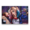 Harley Quinn Daddy's Lil Monster canvas wall art — vibrant digital illustration with pink-blue hair and baseball bat