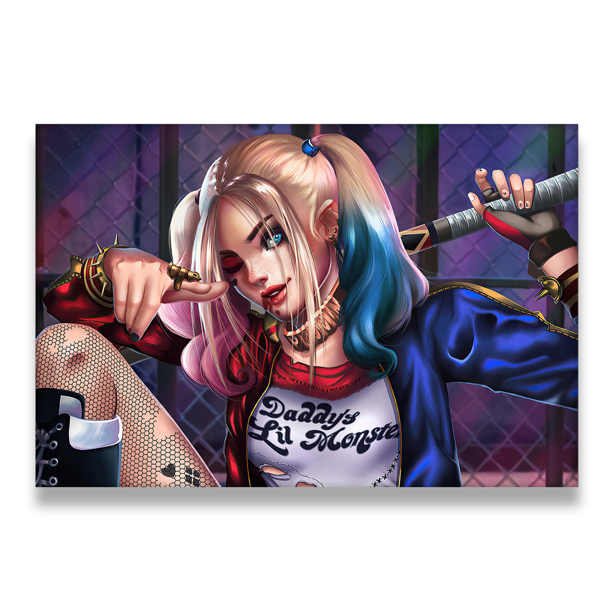 Harley Quinn Daddy's Lil Monster canvas wall art — vibrant digital illustration with pink-blue hair and baseball bat