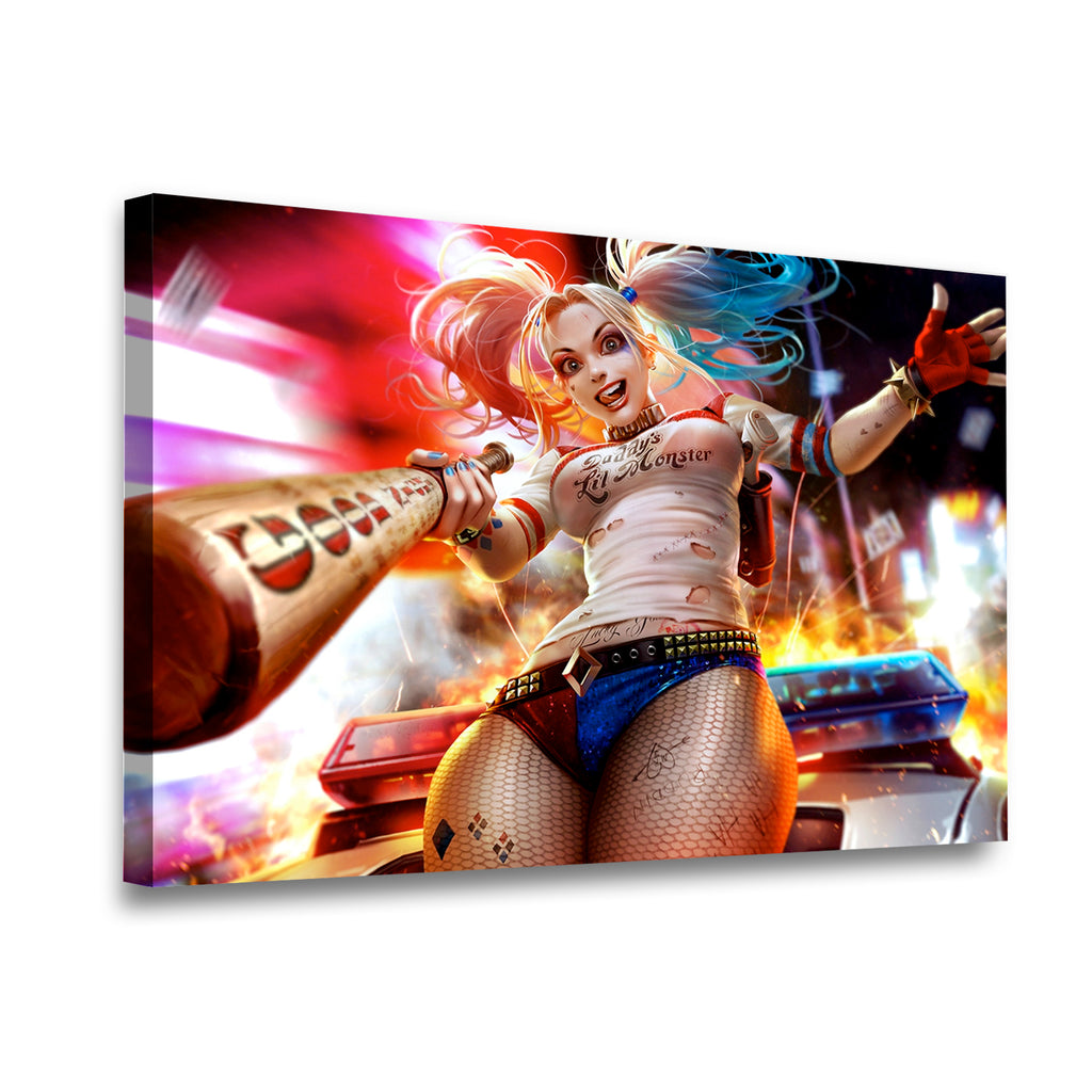 Gallery-wrapped Harley Quinn canvas wall art side view showing premium depth and vivid neon color detail