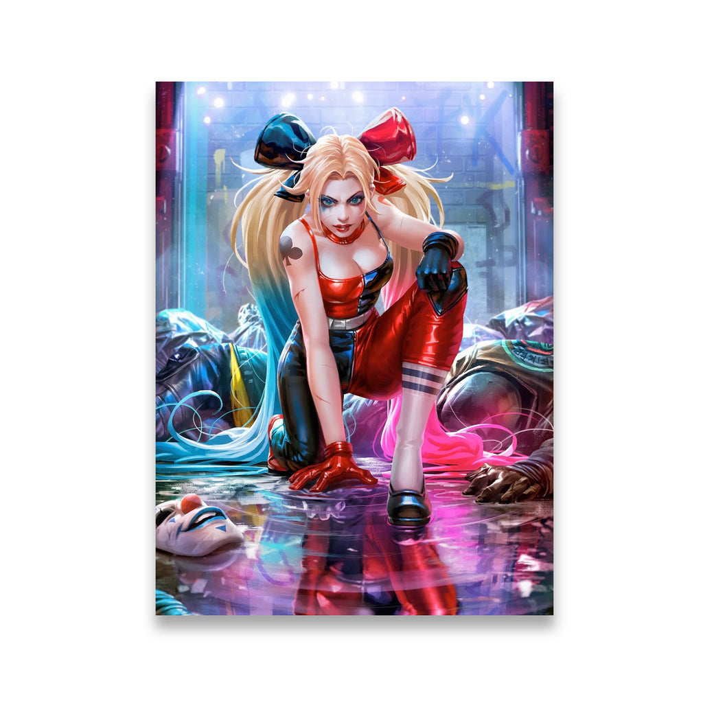 Harley Quinn neon chaos canvas wall art — hyper-detailed DC fan art with vivid pink and cyan lighting, red costume, and Goth