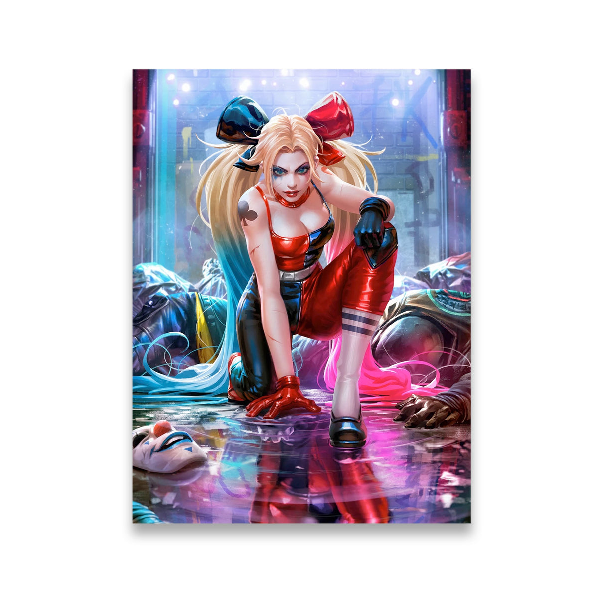 Harley Quinn neon chaos canvas wall art — hyper-detailed DC fan art with vivid pink and cyan lighting, red costume, and Goth
