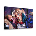 Gallery-wrapped Harley Quinn canvas wall art side view showing premium depth and fade-resistant print quality