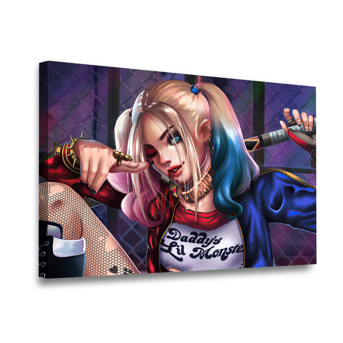 Gallery-wrapped Harley Quinn canvas wall art side view showing premium depth and fade-resistant print quality