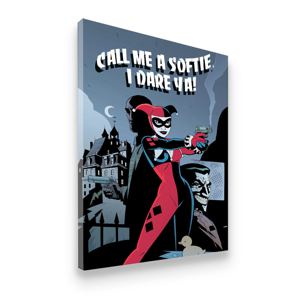 Harley Quinn canvas wall art gallery-wrapped angled view showing depth and bold comic illustration style