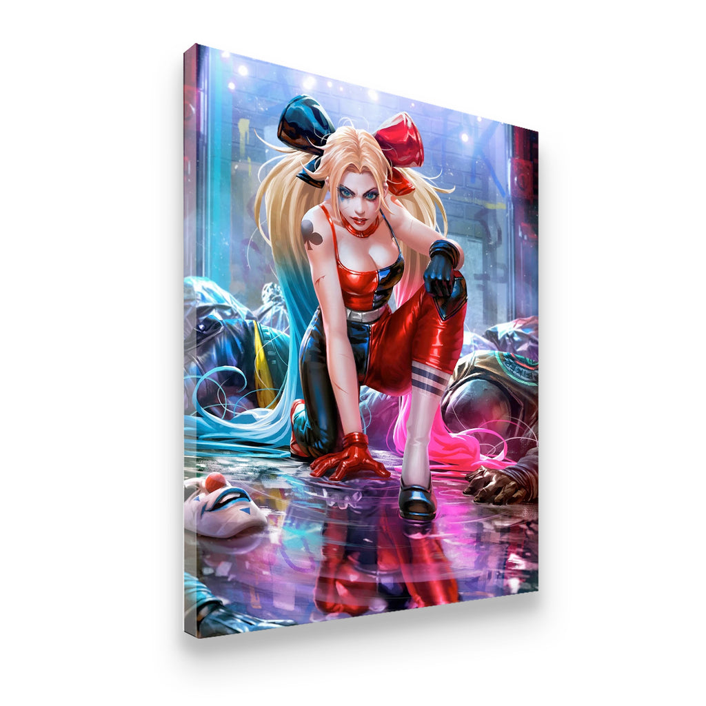 Gallery-wrapped Harley Quinn canvas wall art showing side profile depth — bold DC comic character art in neon red, black, an
