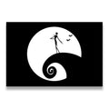 Jack Skellington silhouette on Spiral Hill with full moon and bats, black and white canvas wall art