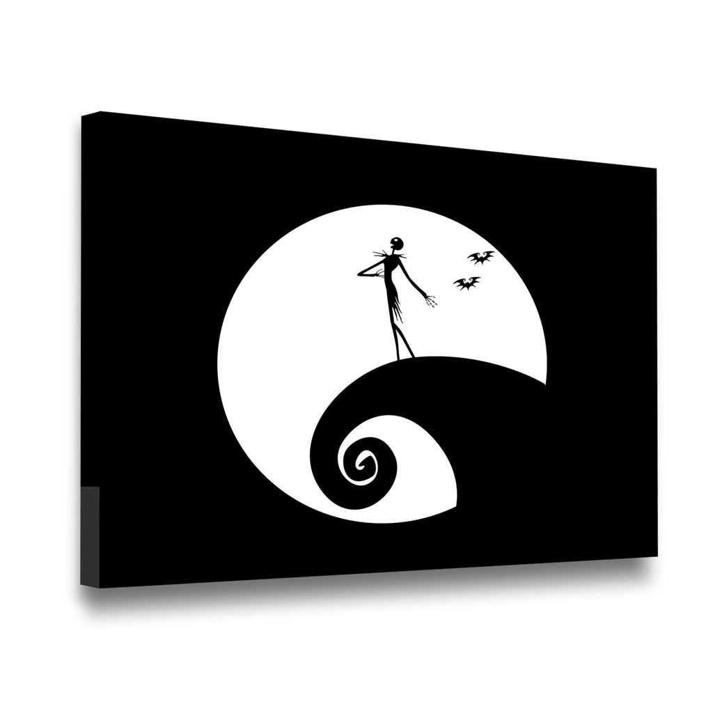 Gallery-wrapped Jack Skellington Spiral Hill canvas wall art, high-contrast gothic black and white print
