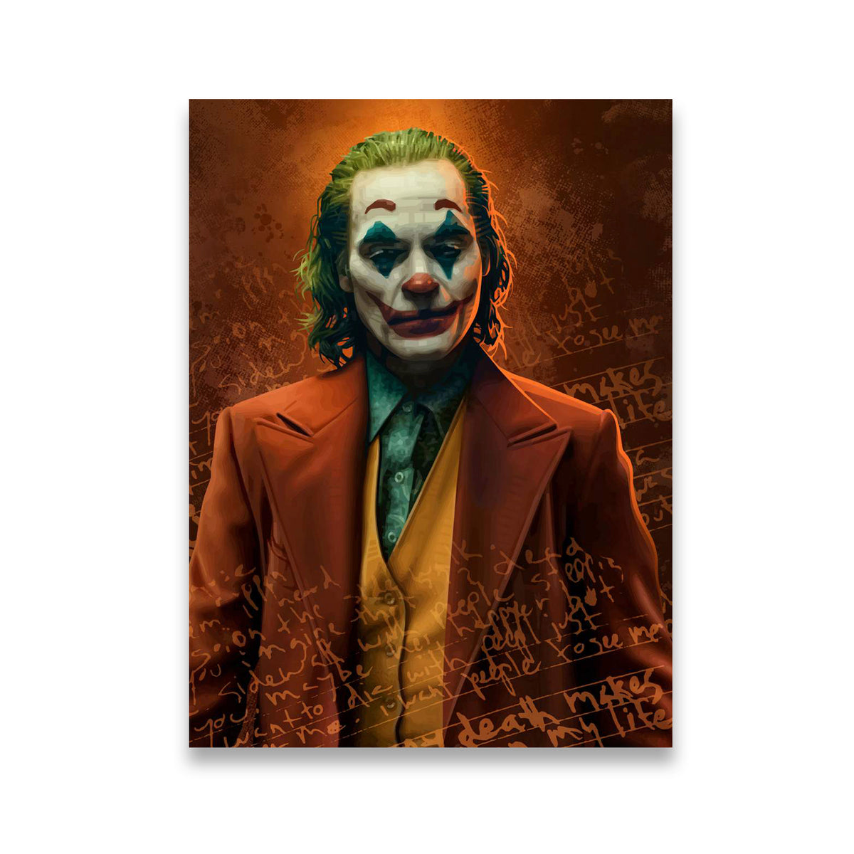 Joker villain portrait canvas wall art with white face paint, green hair, and amber handwritten text background