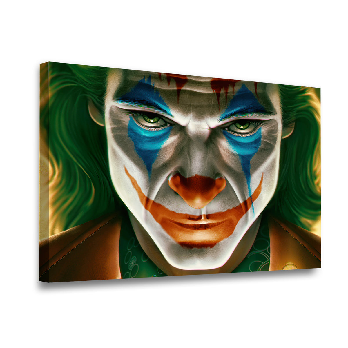 Gallery-wrapped Joker canvas wall art side view showing depth and vivid clown face paint detail with green hair