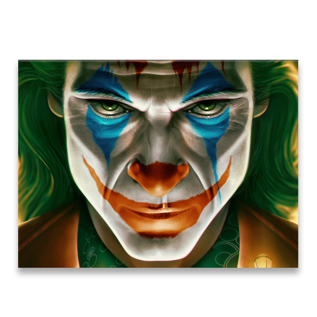 Joker canvas wall art close-up with blue and orange clown makeup and piercing green eyes on gallery-wrapped canvas