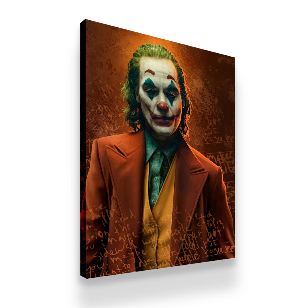 Gallery-wrapped Joker Die Alone canvas wall art showing cinematic villain portrait with cryptic text detail