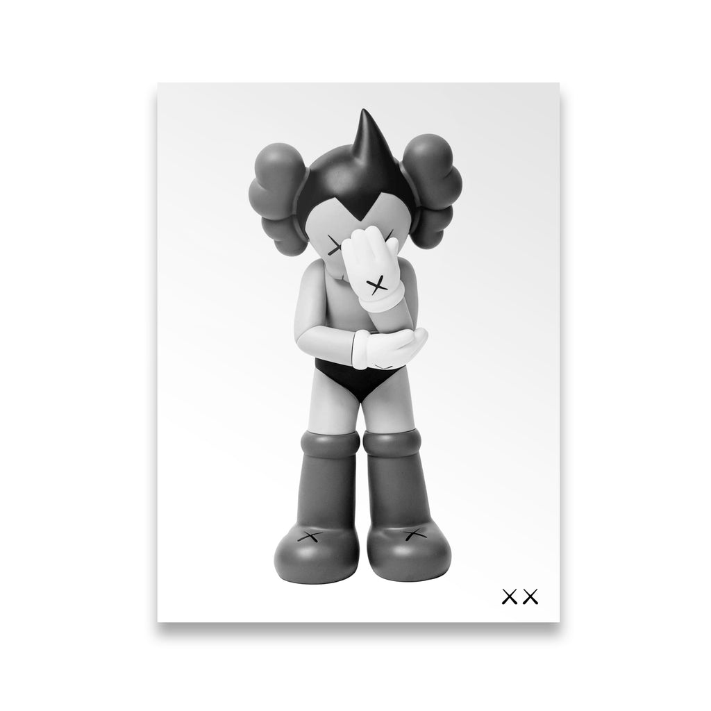 KAWS-style Astro Boy figure monochrome canvas wall art, arms crossed, XX cross-eye detail on white background