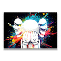 KAWS-style white cartoon figure covering face surrounded by neon color explosion on black canvas wall art