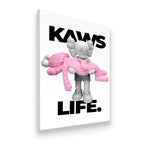Gallery-wrapped KAWS Life Bubblegum Pink canvas wall art showing KAWS Companion figures with bold black typography on white 