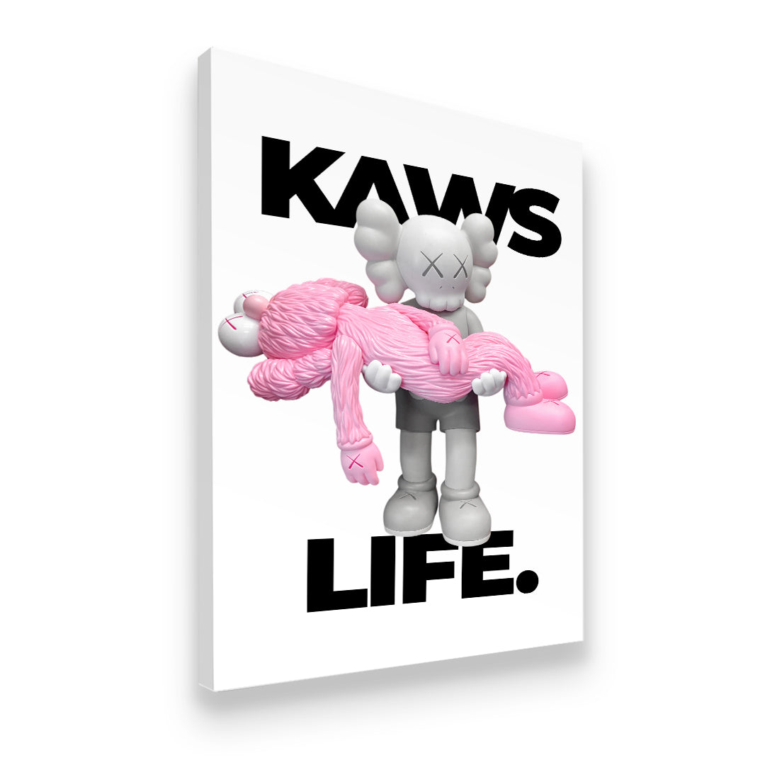 Gallery-wrapped KAWS Life Bubblegum Pink canvas wall art showing KAWS Companion figures with bold black typography on white 