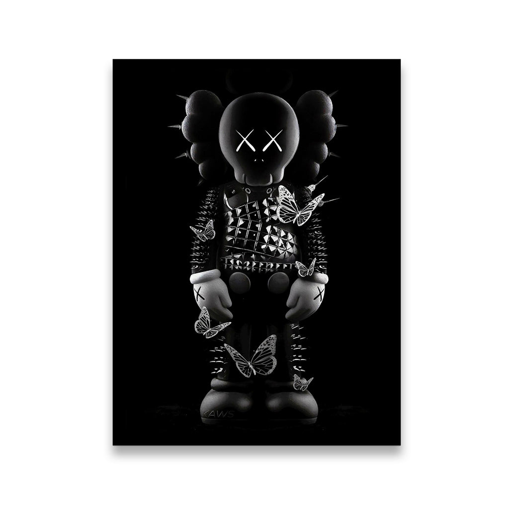 KAWS Companion figure in studded black suit with monarch butterflies, dramatic black-and-white canvas wall art print