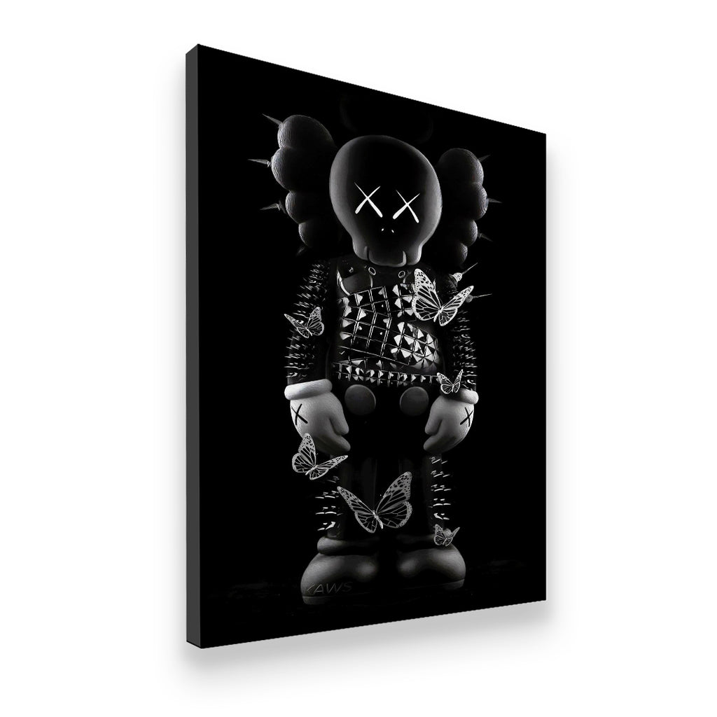 Gallery-wrapped canvas of KAWS Companion in spiked armor with butterfly details, side-angle view showing depth and print qua