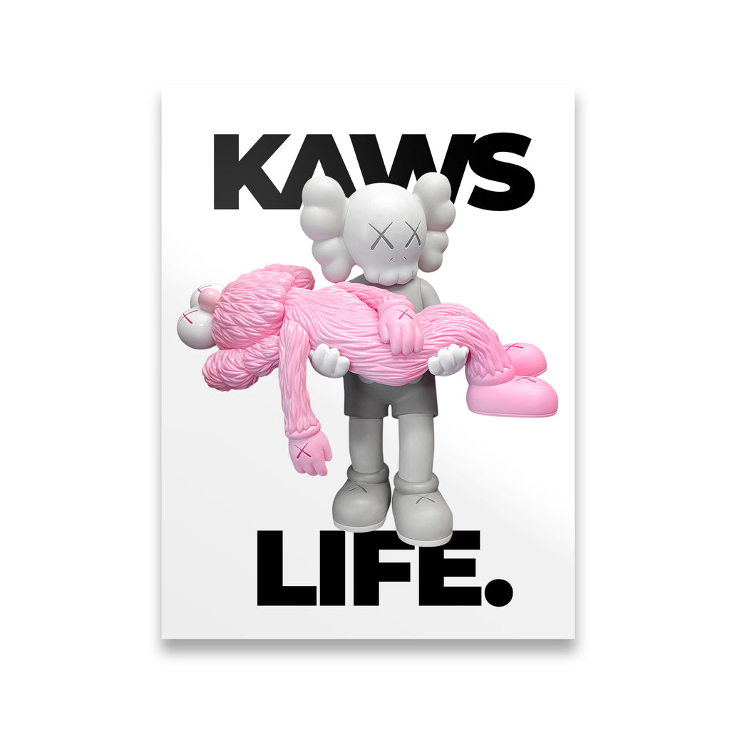 KAWS Life Bubblegum Pink canvas wall art — gray XX-eyed Companion figure holding a pink companion with bold KAWS LIFE typogr