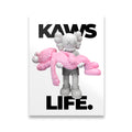 KAWS Life Bubblegum Pink canvas wall art — gray XX-eyed Companion figure holding a pink companion with bold KAWS LIFE typogr