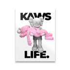 KAWS Life Bubblegum Pink canvas wall art — gray XX-eyed Companion figure holding a pink companion with bold KAWS LIFE typogr
