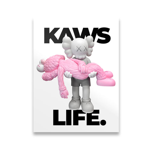 KAWS Life Bubblegum Pink canvas wall art — gray XX-eyed Companion figure holding a pink companion with bold KAWS LIFE typogr