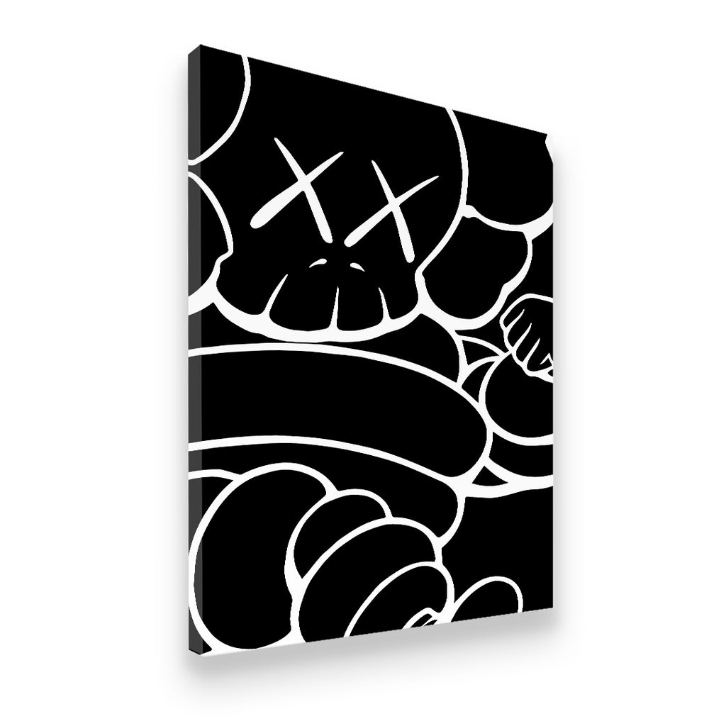 Gallery-wrapped KAWS Chum Running canvas wall art in black and white, side view showing canvas depth