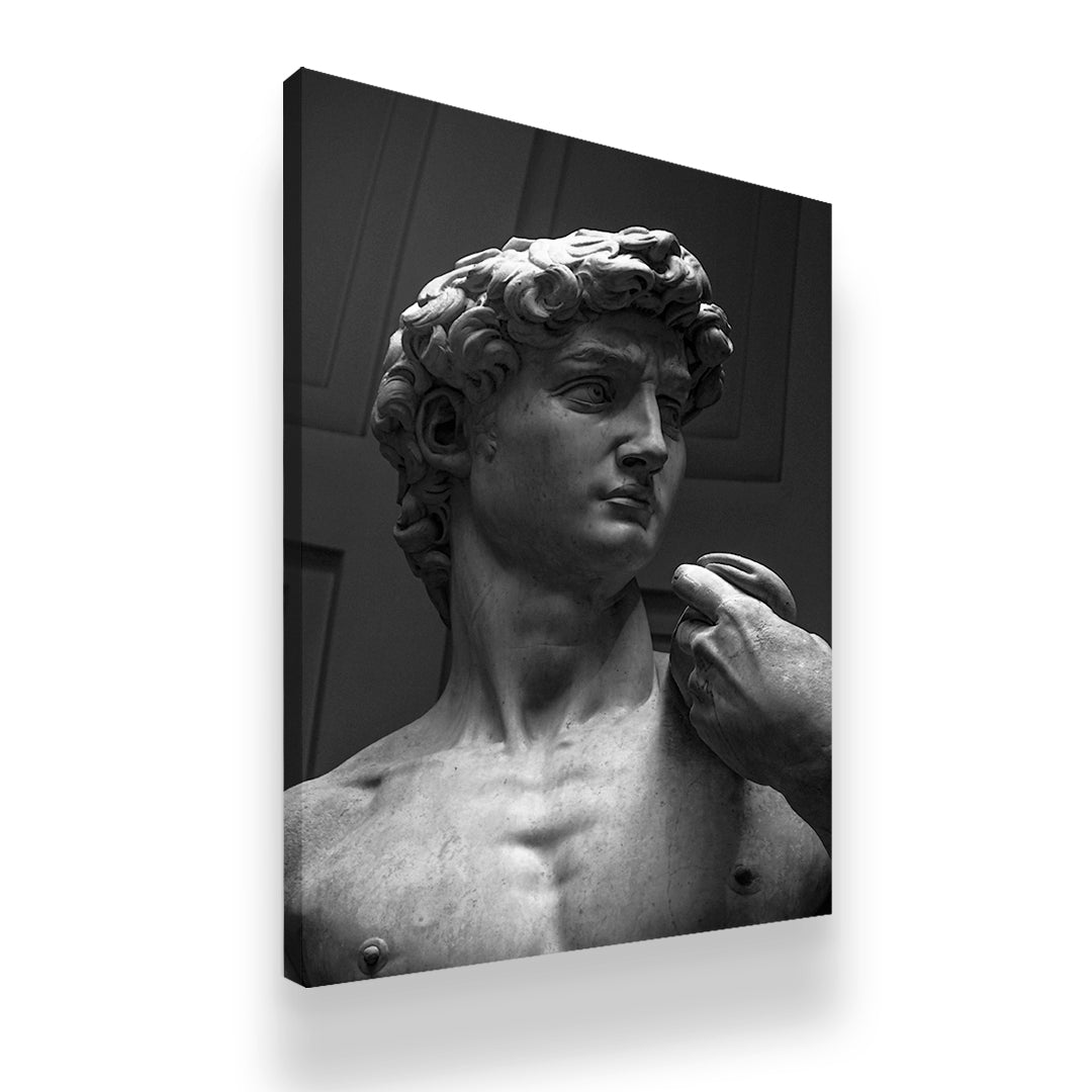 Gallery-wrapped black and white David sculpture canvas wall art with dark moody background side view
