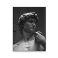 Black and white canvas wall art of the David marble sculpture close-up showing face and torso detail