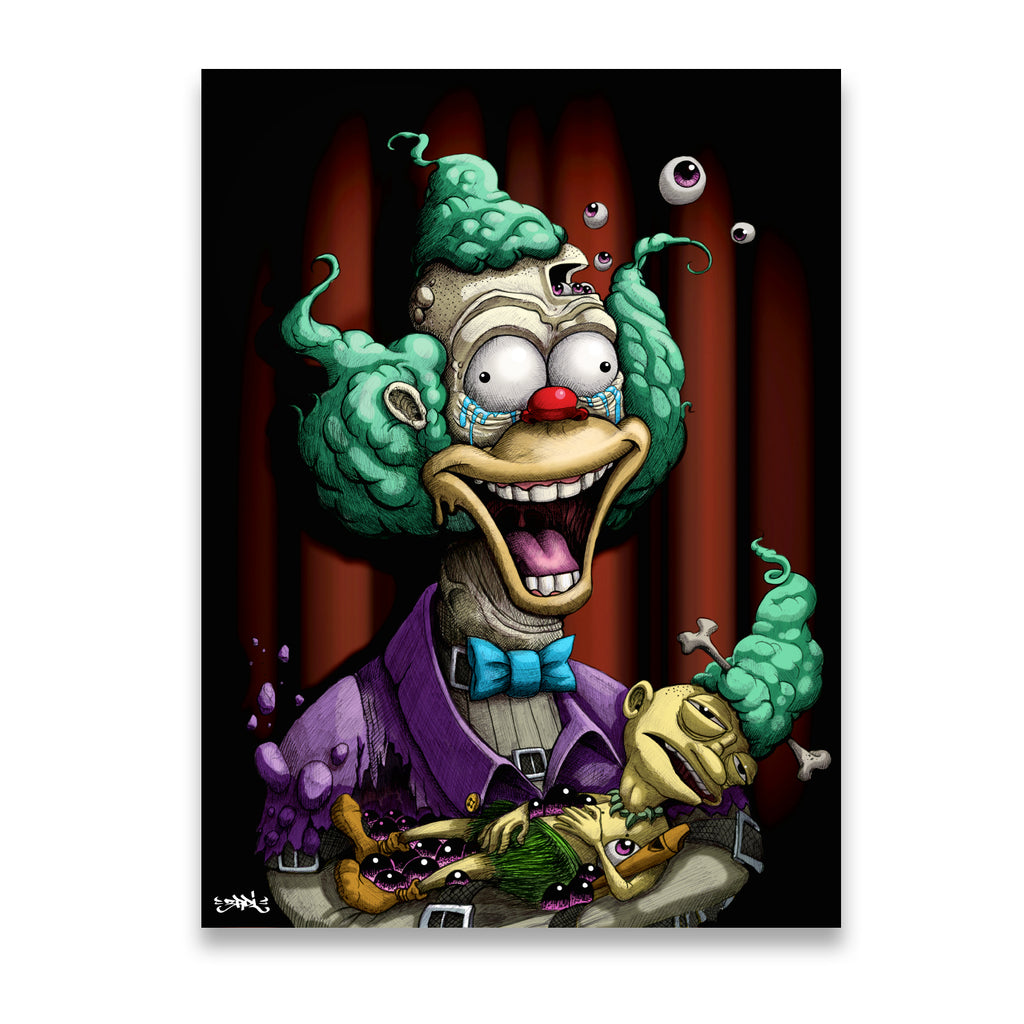 Krusty the Clown dark surrealist pop art canvas wall art – Simpsons-inspired grotesque clown illustration with floating eyeb