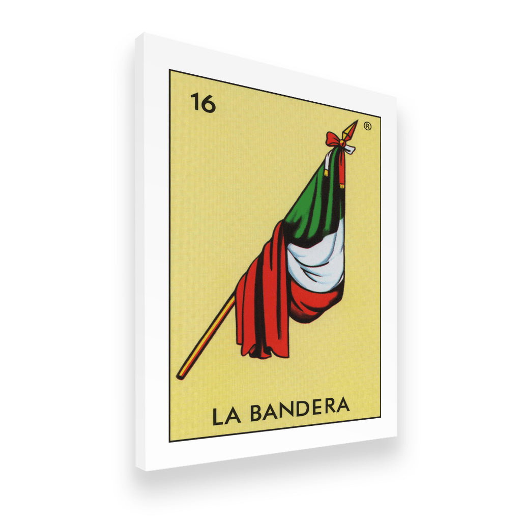 Gallery-wrapped canvas of La Bandera Lotería No. 16 — angled view showing premium depth and vibrant green, white, and red fl