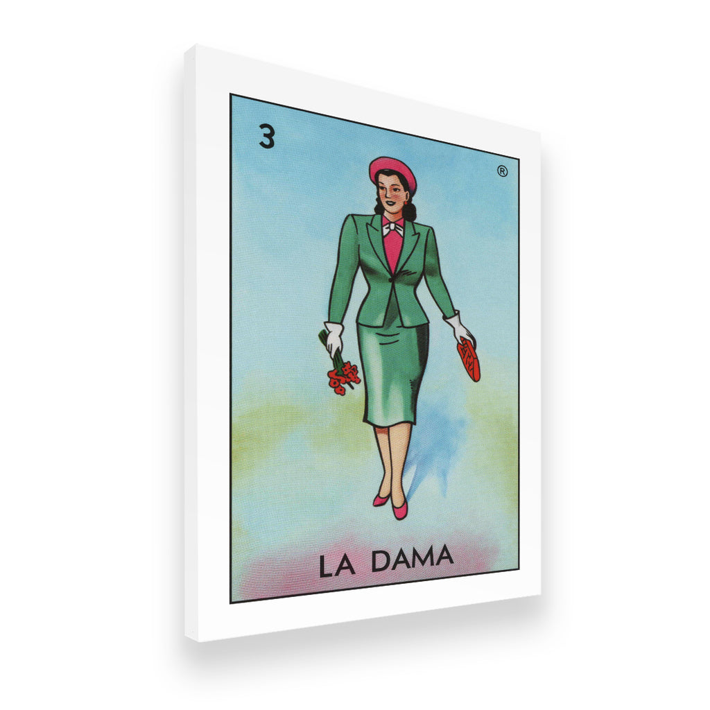 Gallery-wrapped canvas of La Dama Loteria Card #3 shown at an angle, vivid retro Mexican folk art print
