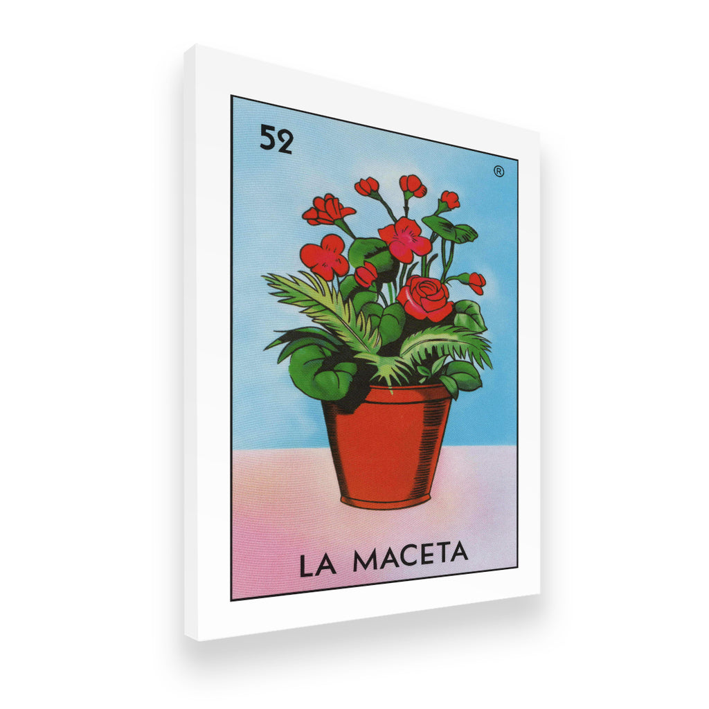 Angled view of La Maceta Lotería #52 gallery-wrapped canvas wall art showing deep terracotta pot with red roses and green le