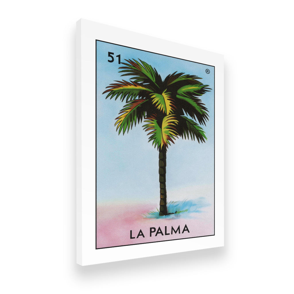 Gallery-wrapped La Palma Loteria #51 canvas wall art angled view showing depth and print quality