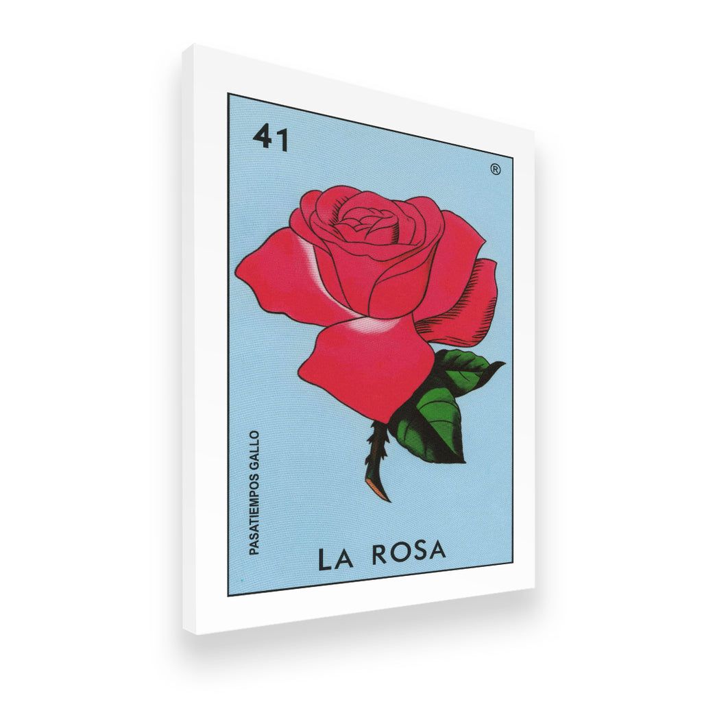 Angled view of La Rosa Loteria canvas wall art showing gallery-wrap depth and vibrant Mexican folk art design