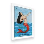 Angled view of La Sirena Lotería No. 6 gallery-wrapped canvas showing vivid color and deep wrap profile