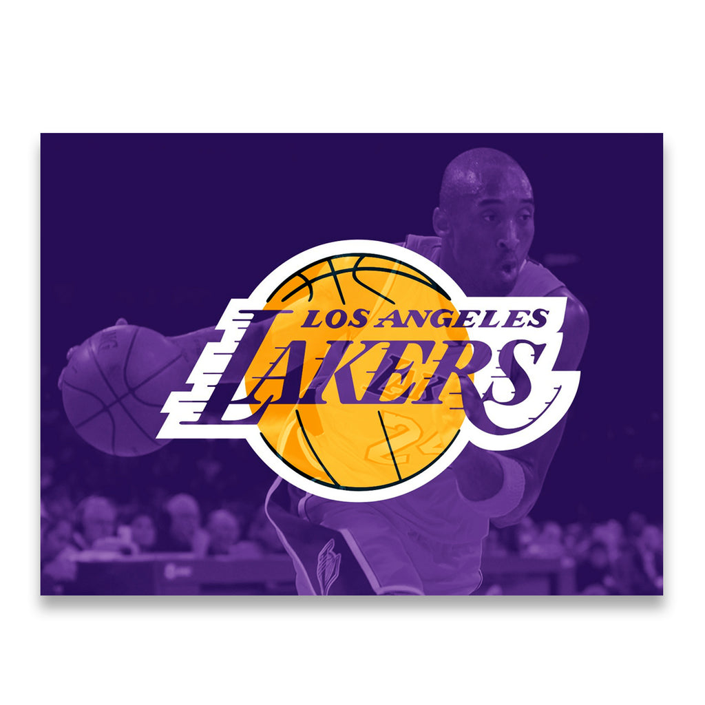 Kobe Bryant silhouette behind Los Angeles Lakers logo canvas wall art in purple and gold