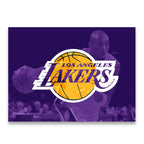 Kobe Bryant silhouette behind Los Angeles Lakers logo canvas wall art in purple and gold
